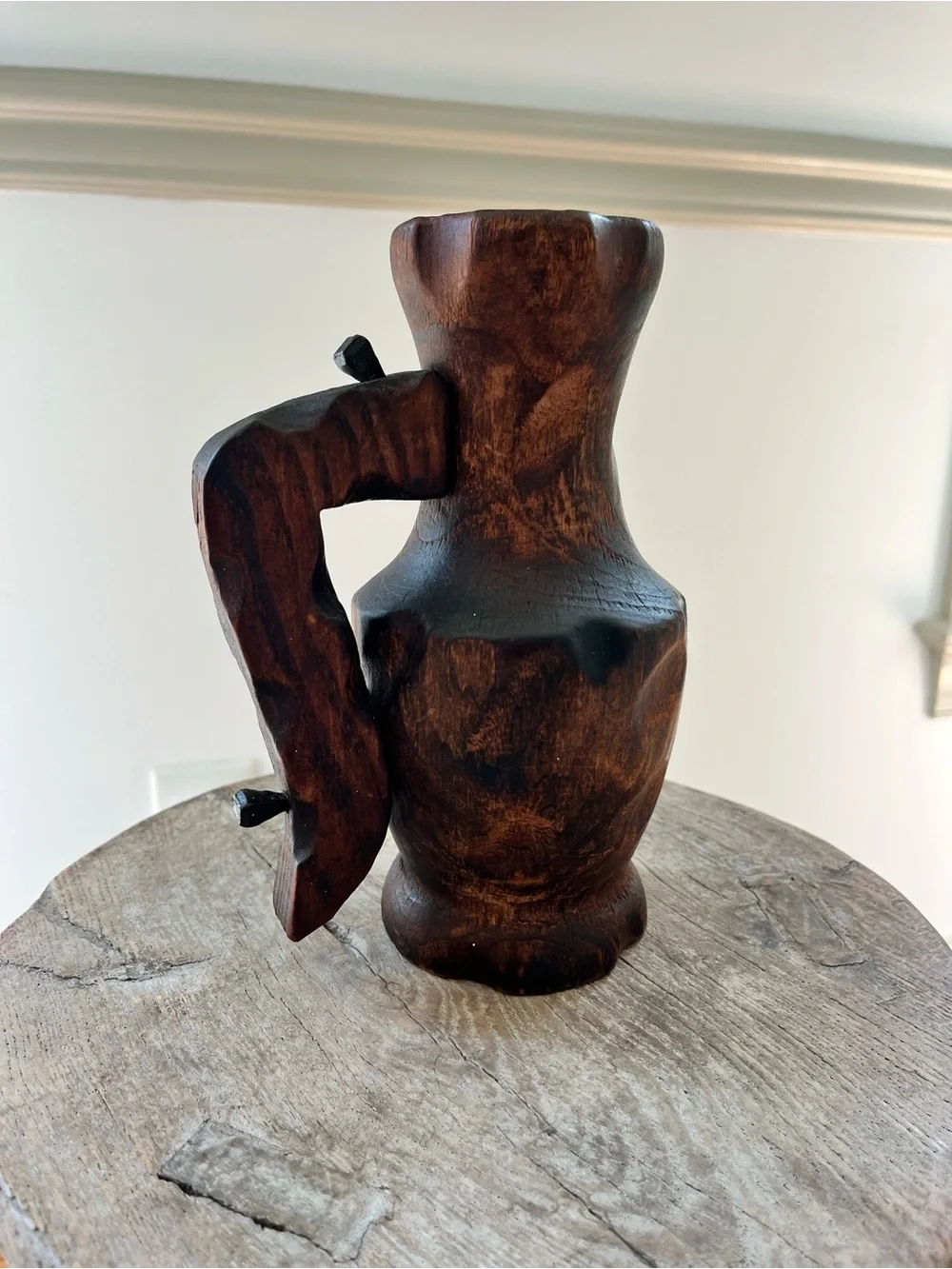 Vintage Handmade in Spain Carved Wood Pitcher Jug 8”